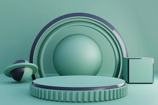 ピンクの背景に抽象的な青色幾何学的な形をした表彰台 3Dレンダリング 3Dイラスト モックアップ プロダクト ショーケース プラットホーム — ストック写真