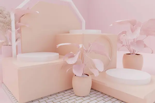 ピンクとホワイトの花で表彰台 製品表示のための最小限のプレゼンテーション Dレンダリング — ストック写真