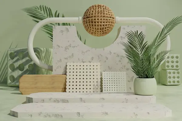 幾何学的な形状と植物との抽象的な背景の3 Dレンダリング 製品プレゼンテーションのための最小限のシーン プロダクト表示のためのモックアップ — ストック写真