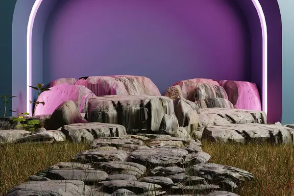 風景とコンピュータが生成したイメージを持つファンタジーの背景の3Dレンダリング — ストック写真