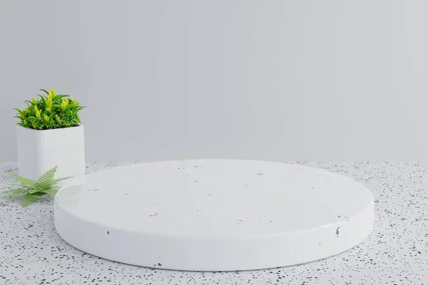 緑の植物が付いている空白の円形の表彰台 Dレンダリング — ストック写真
