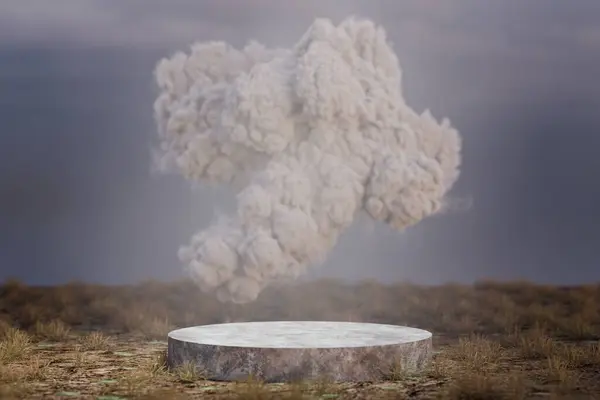 3 boyutlu boş bir podyum ve yerde bir duman.