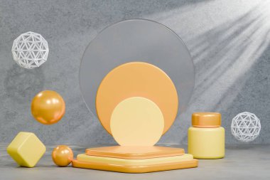 Görüntü ve ürün sunumu için podyum, arka planda geometrik podyum, 3d görüntüleme.