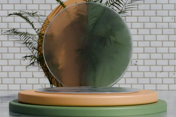 Moderne Grüne Runde Vase Auf Holztisch Wohnzimmer Mit Grüner Wand lizenzfreie Stockbilder