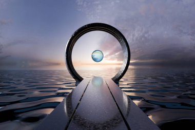 Ufukta ayna yansıması olan bir gezegenin 3 boyutlu görüntüsü..