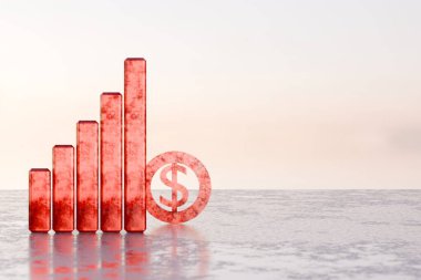 Beton zemin üzerinde dolar işaretinin kırmızı ok sembolü. 3d illüstrasyon.