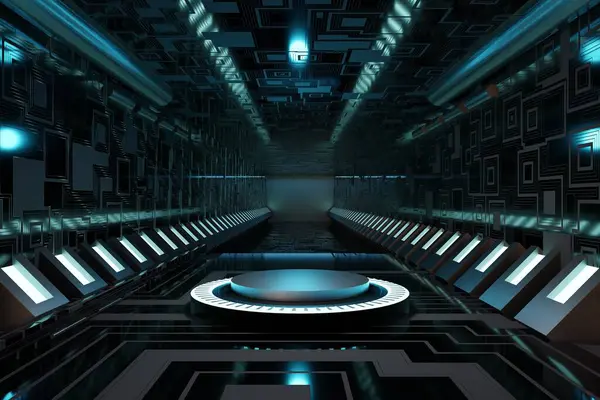 3D soyut bilim kurgu fütüristik koridoru neon ışıkları ve parlayan mavi neon uzay arkaplanı