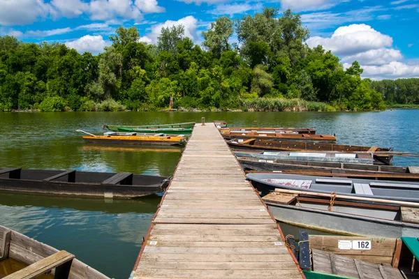 Pier Boats Backwater Tisza River Martely — Stock Photo, Image