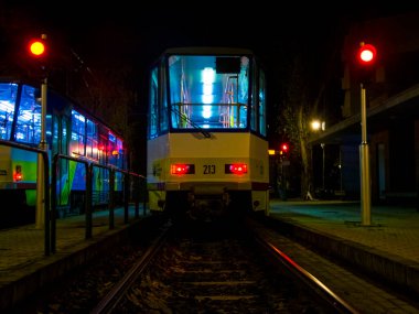 Lighting tram in the city of Szeged at night