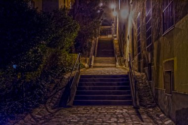 Night street scene with stairs in Budapest city