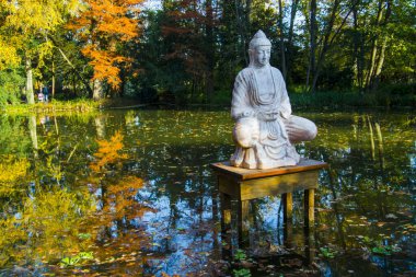 Buda heykeli ya da Siddhartha Gautama Sonbaharda bir gölde