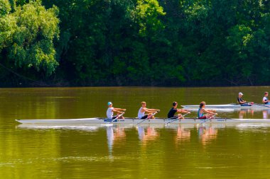 SZEGED, HUNGARY - 21 Mayıs. 2023: Szeged 'deki Tisza nehrinde kürek çekmek