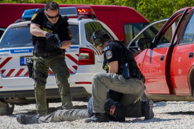 SZEGED, HUNGARY - 23 NİSAN. 2023: Szeged Zoo 'da Polis ve İtfaiye Teşkilatı gününde komando gösterisi