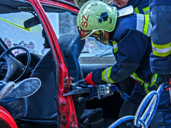 День Поліції Пожежної Служби Сегедському Зоопарку Пожежники Відкрили Розбиту Машину — стокове фото