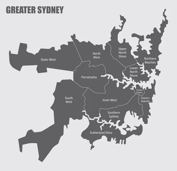 Административная Карта Большого Сиднея Изолированная Сером Фоне Австралия — стоковый вектор