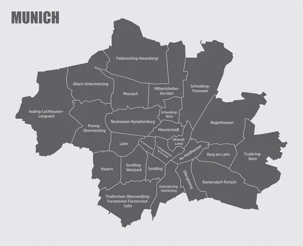 München Város Szürke Alapon Elszigetelt Közigazgatási Térkép Németország — Stock Vector