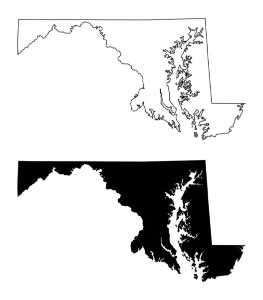 Black White Maryland State Silhouette Maps — Stock Vector