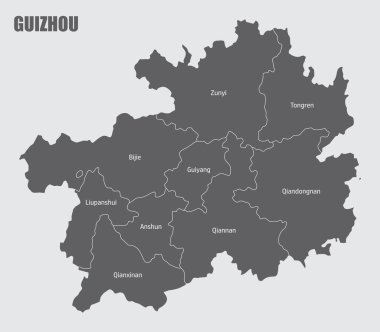 Guizhou eyaletinin idari haritası gri arka planda izole edildi, Çin