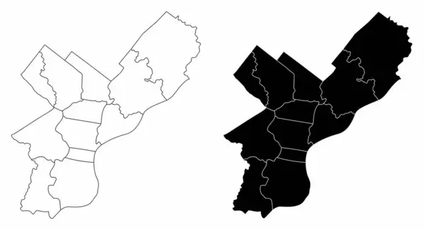 Zwart Wit Philadelphia City Administratieve Kaarten — Stockvector