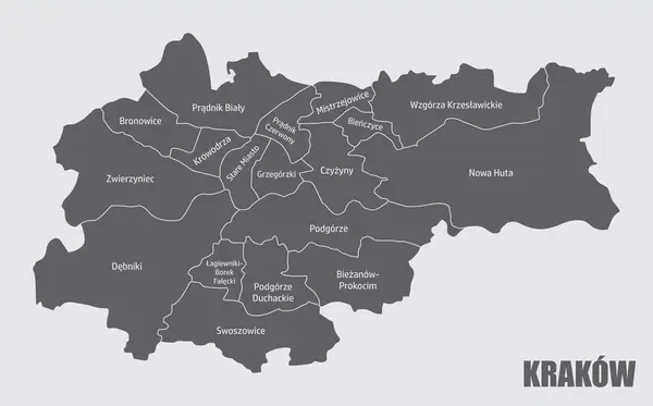 Cracóvia Mapa Administrativo Cidade Isolado Fundo Cinza Polônia — Vetor de Stock