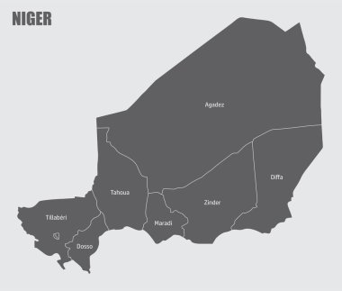 Nijer bölgeleri haritası gri arkaplanda izole edildi