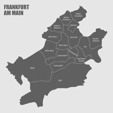 Frankfurt am Main City, idari harita gri arka planda izole edilmiş, Almanya