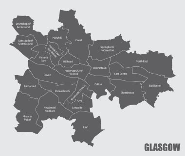 Glasgow şehri idari haritası gri arka planda izole edilmiş, İskoçya
