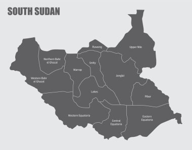 Etiketli Güney Sudan idari haritası