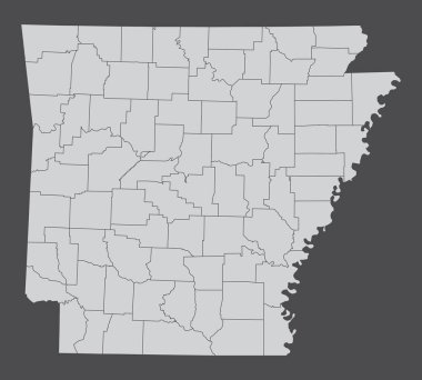 Arkansas idari haritası koyu arkaplanda izole edildi, ABD
