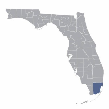 Florida idari haritasında vurgulanmış Miami-Dade İlçesi