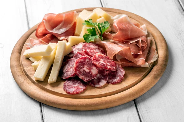 Wooden Board Different Appetizer Bar Sliced Cheese Meat — Stock Photo, Image