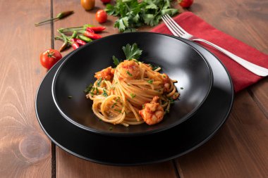 Dish of delicious shrimp sauce spaghetti, italian food