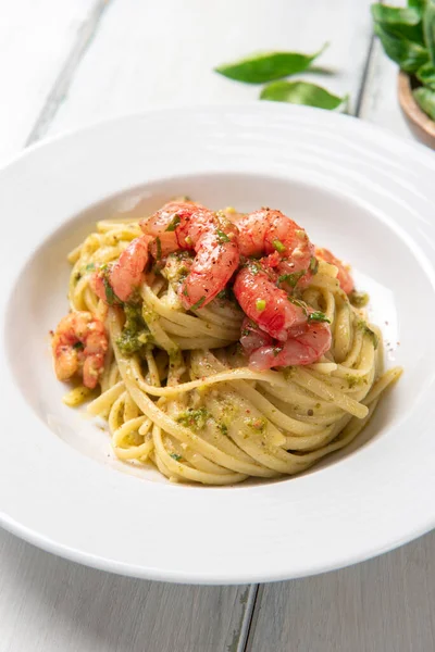 Dish Delicious Pasta Pesto Sauce Shrimps Italian Food — Stock Photo, Image