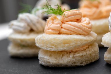 Peynirli, somonlu, Avrupa usulü aperatifli lezzetli kanepeler.