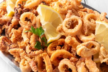 close-up shot of delicious deep fried squid rings