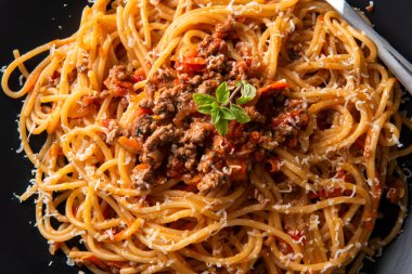 Bolonez soslu lezzetli spagetti tabağı, İtalyan makarnası, Avrupa mutfağı.