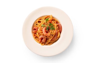 Kırmızı karides soslu lezzetli spagetti, İtalyan makarnası, Akdeniz mutfağı.