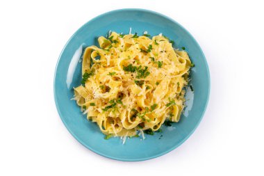 Plate of traditional fettuccine Alfredo, a recipe of pasta with parmigiano and butter, italian food, european gastronomy clipart