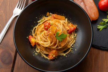 Delicious linguine with bottarga and tomatoes, italian pasta, mediterranean food clipart