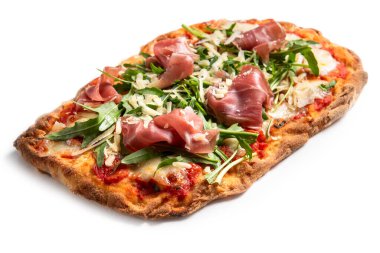 Roman pinsa with prosciutto crudo, rocket and parmigiano flakes isolated over white background clipart