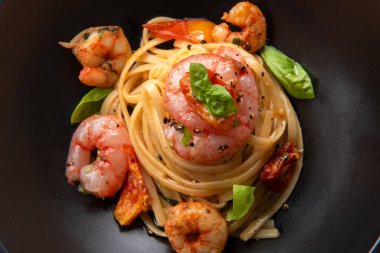 delicious pasta with seafood, close up. Food    clipart