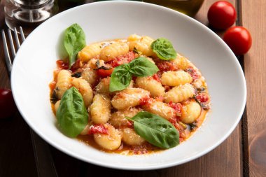 Lezzetli yemek, gnocchi, yakın çekim. Yiyecek. 