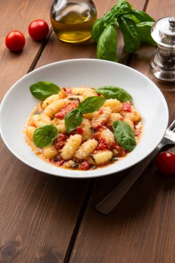 Lezzetli yemek, gnocchi, yakın çekim. Yiyecek. 