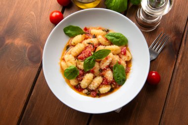 Lezzetli yemek, gnocchi, yakın çekim. Yiyecek. 