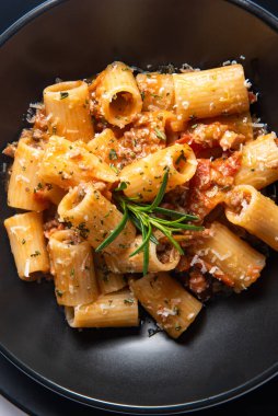 Biftek soslu Mezzi rigatoni, İtalyan makarnası.