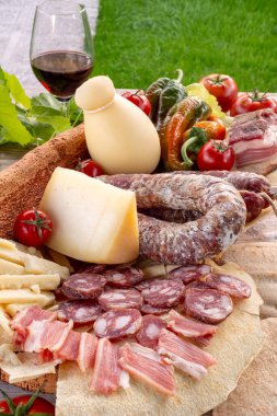 Çeşit çeşit et, peynir, tahta tahtada şarap.