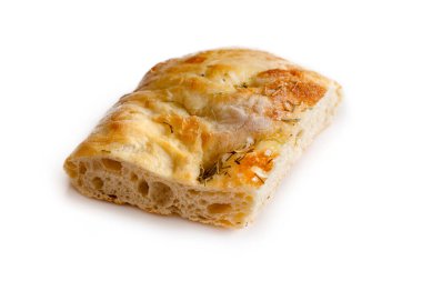 Taze pişmiş dikdörtgen Focaccia ekmek dilimi izole edilmiş.