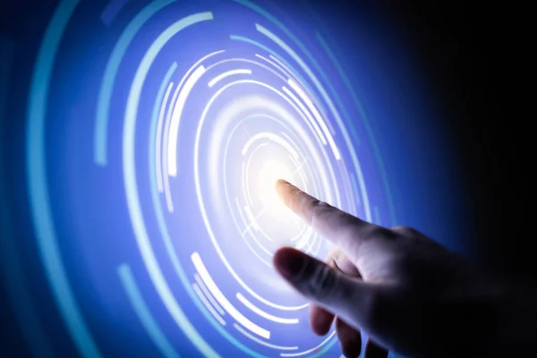 Touch technology in future. Digital network, metaverse or science tech innovation. Futuristic hologram screen. Finger in abstract virtual circle. Fingerprint reader, biometric scan. Data protection.