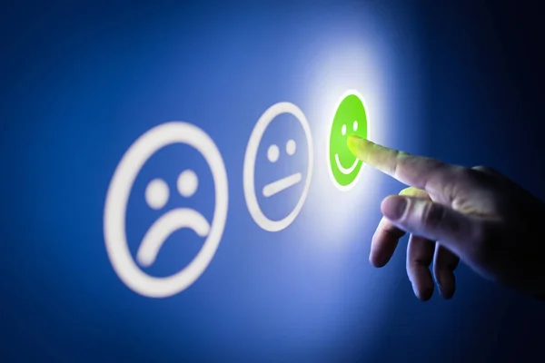 Positive feedback. Happy smile face review icon in customer survey or poll. Best rating, performance result and consumer satisfaction. Good experience. Future evaluation technology, abstract concept.
