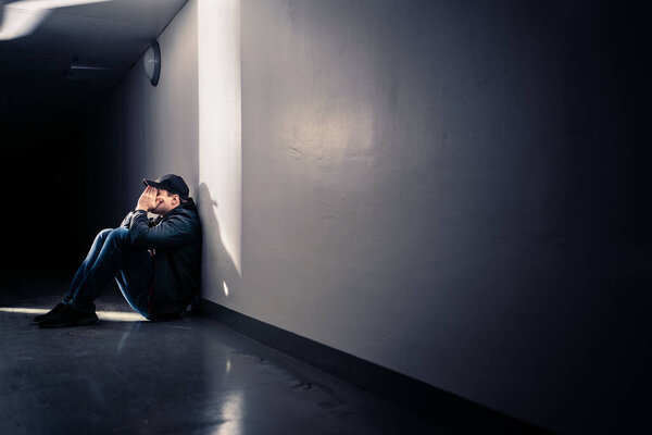 Sad Man Trauma Sitting Floor Shame Guilt Sorrow Desperate Guy — Stock Photo, Image